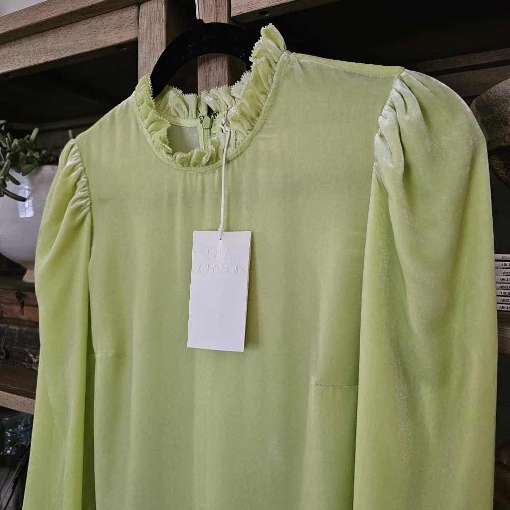 Ulla Johnson Marlena Pistachio Silk Blend Bohemian Velvet Blouse NWT